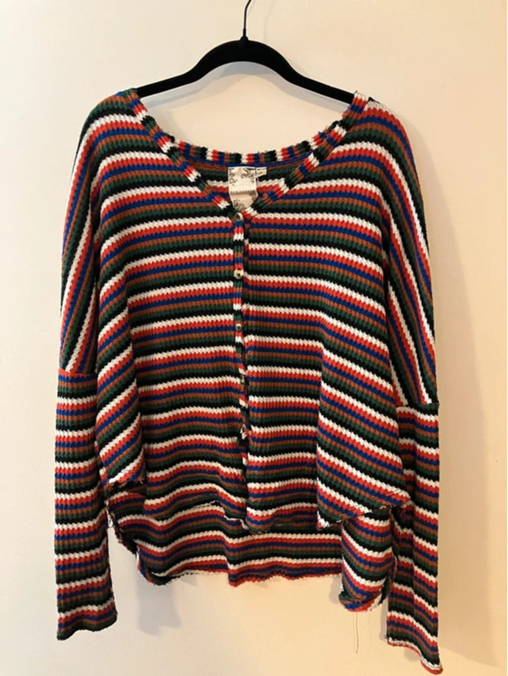 Blu Pepper Striped Waffle Knit Henley Top M Oversized Raw Edge Boho Rainbow